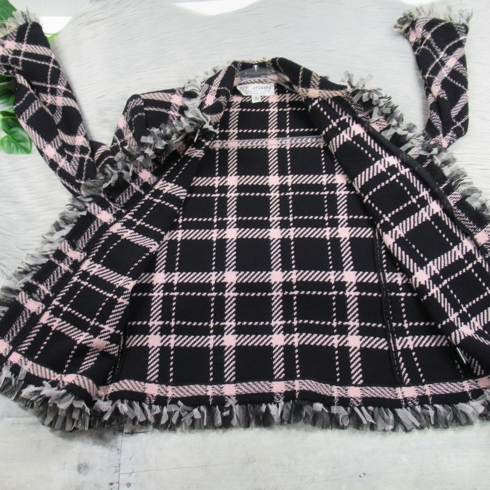 ST. JOHN Santana Knit Pink & Black Plaid Mesh-Fringe Trim Jacket Blazer Size 10 - Picture 7 of 15